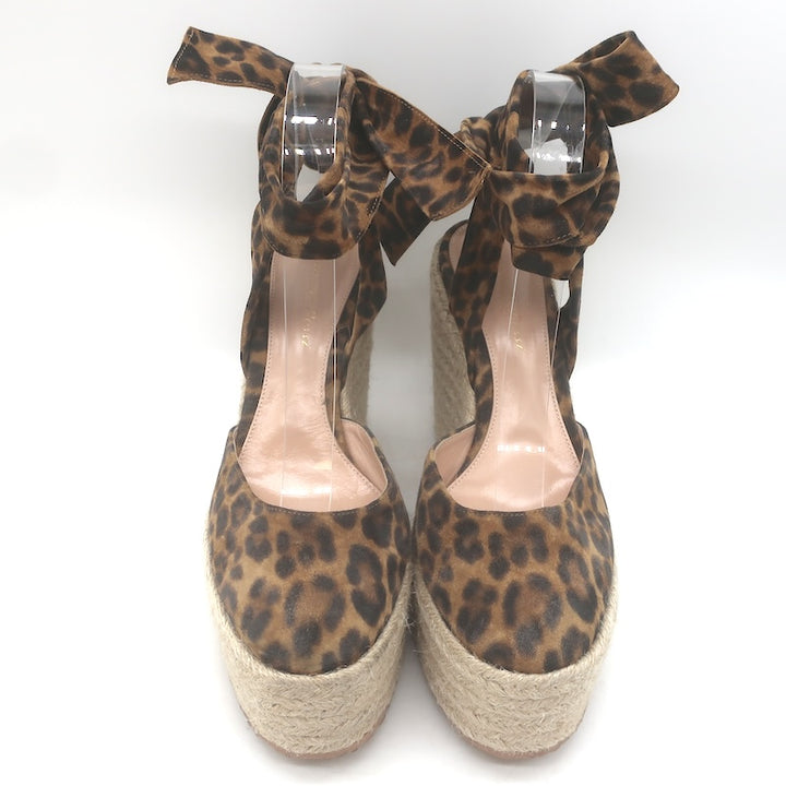 Gianvito Rossi Arenella Leopard Print Espadrille Wedge Sandals Brown Size 38.5
