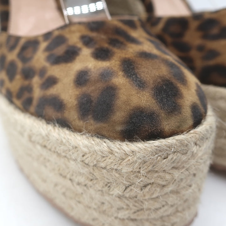 Gianvito Rossi Arenella Leopard Print Espadrille Wedge Sandals Brown Size 38.5
