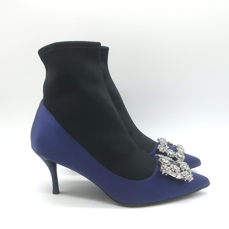 Roger Vivier Crystal Buckle Sock Boots Navy Satin &amp; Black Neoprene Size 39