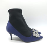 Roger Vivier Crystal Buckle Sock Boots Navy Satin & Black Neoprene Size 39