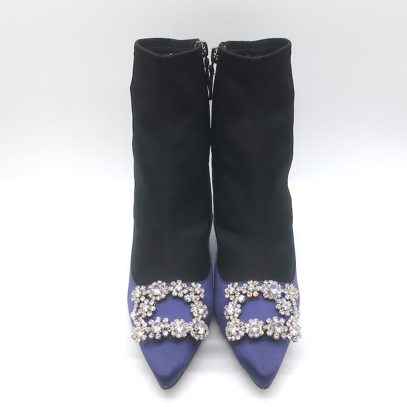 Roger Vivier Crystal Buckle Sock Boots Navy Satin &amp; Black Neoprene Size 39