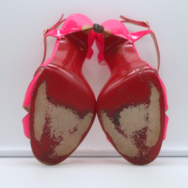 Christian Louboutin Noeudette Sandals Neon Pink Patent Leather Size 36.5