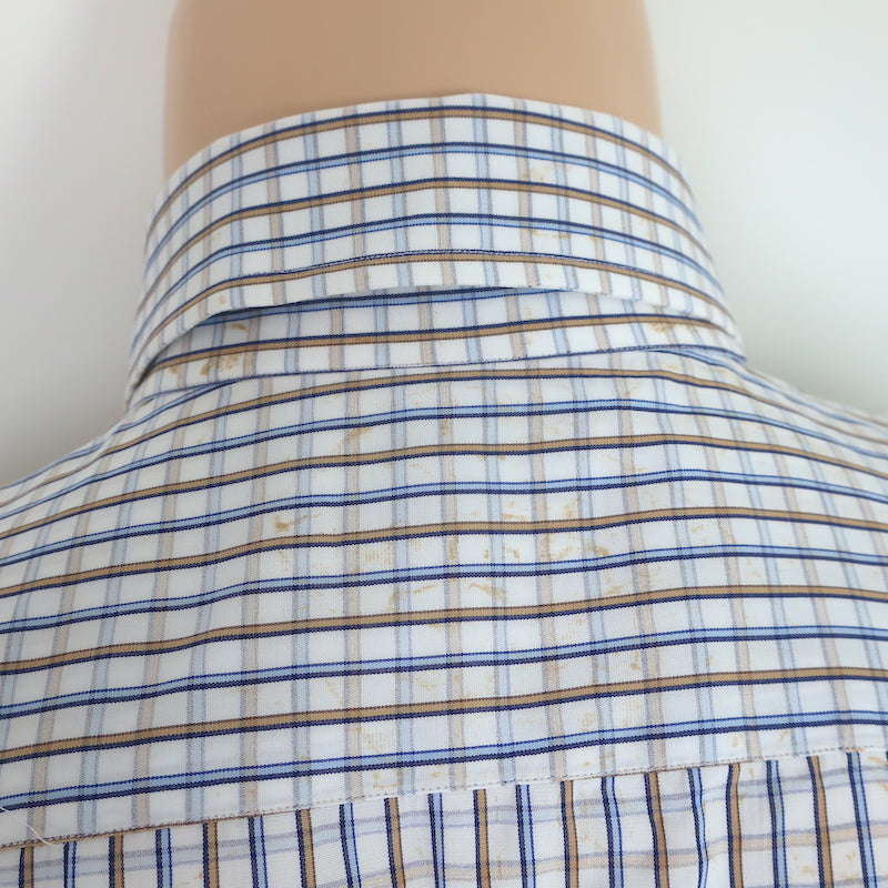 Isaia Check Button Down Shirt White/Light Blue/Beige Cotton Size 42 - 16 1/2