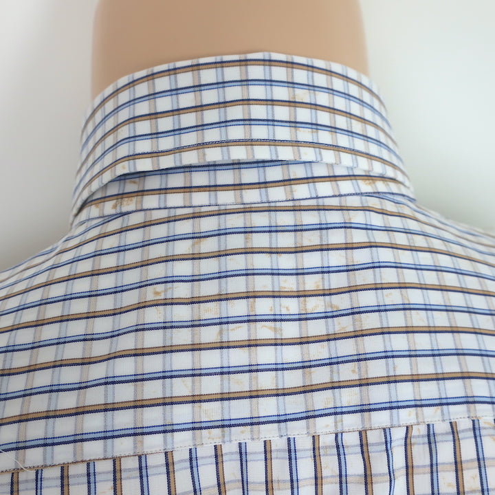 Isaia Check Button Down Shirt White/Light Blue/Beige Cotton Size 42 - 16 1/2