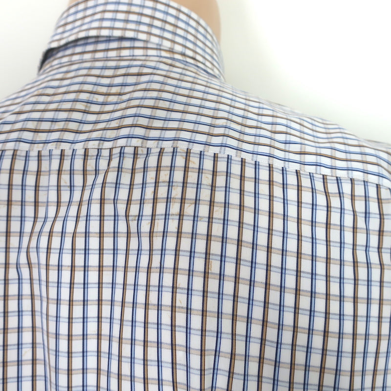 Isaia Check Button Down Shirt White/Light Blue/Beige Cotton Size 42 - 16 1/2