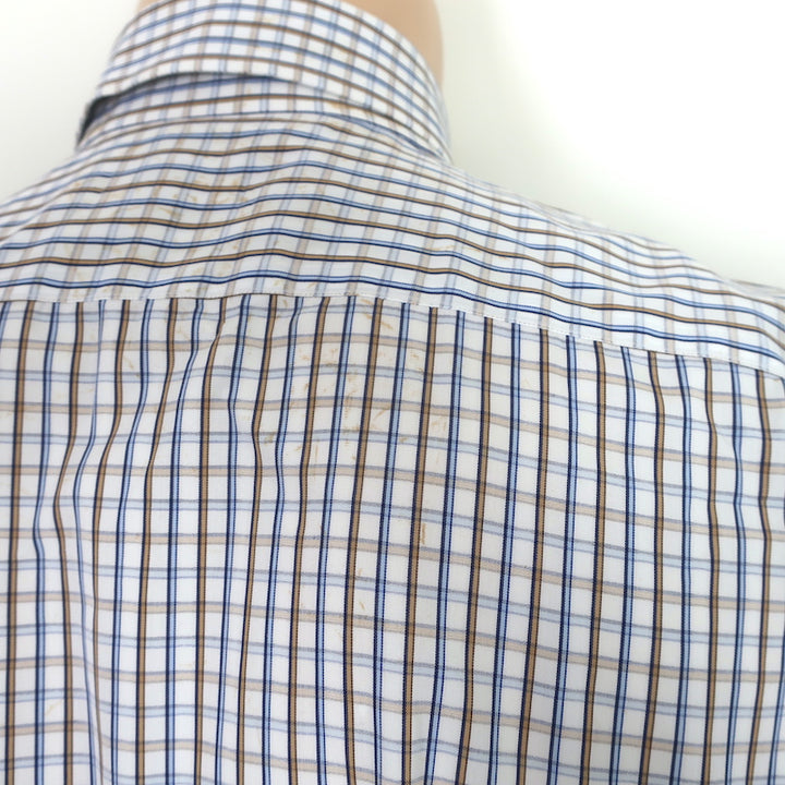 Isaia Check Button Down Shirt White/Light Blue/Beige Cotton Size 42 - 16 1/2