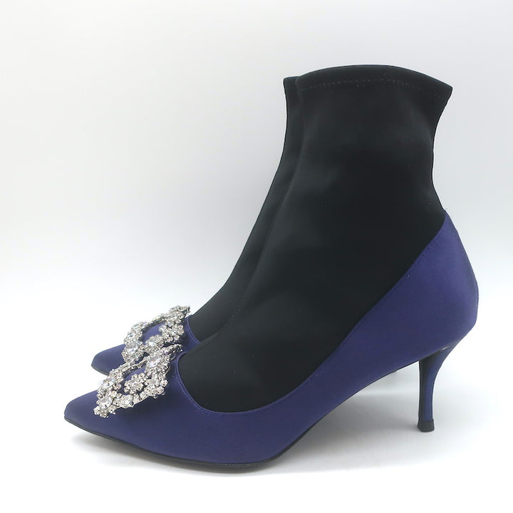 Roger Vivier Crystal Buckle Sock Boots Navy Satin &amp; Black Neoprene Size 39