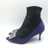 Roger Vivier Crystal Buckle Sock Boots Navy Satin & Black Neoprene Size 39