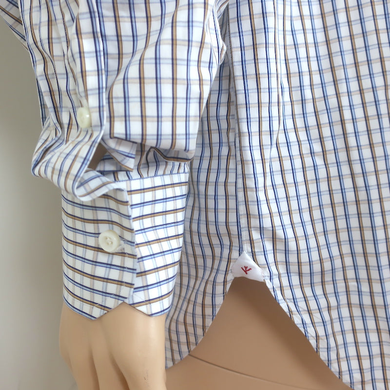 Isaia Check Button Down Shirt White/Light Blue/Beige Cotton Size 42 - 16 1/2