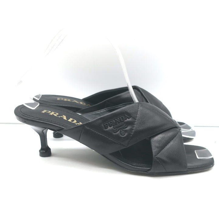 Prada Quilted Leather Mules Black Size 37 Kitten Heel Slide Sandals
