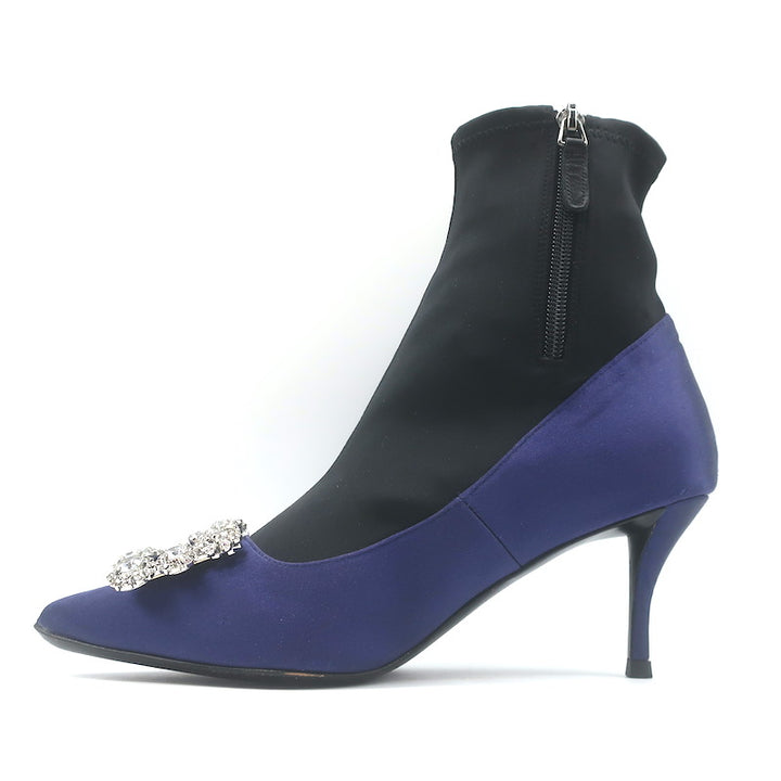 Roger Vivier Crystal Buckle Sock Boots Navy Satin &amp; Black Neoprene Size 39