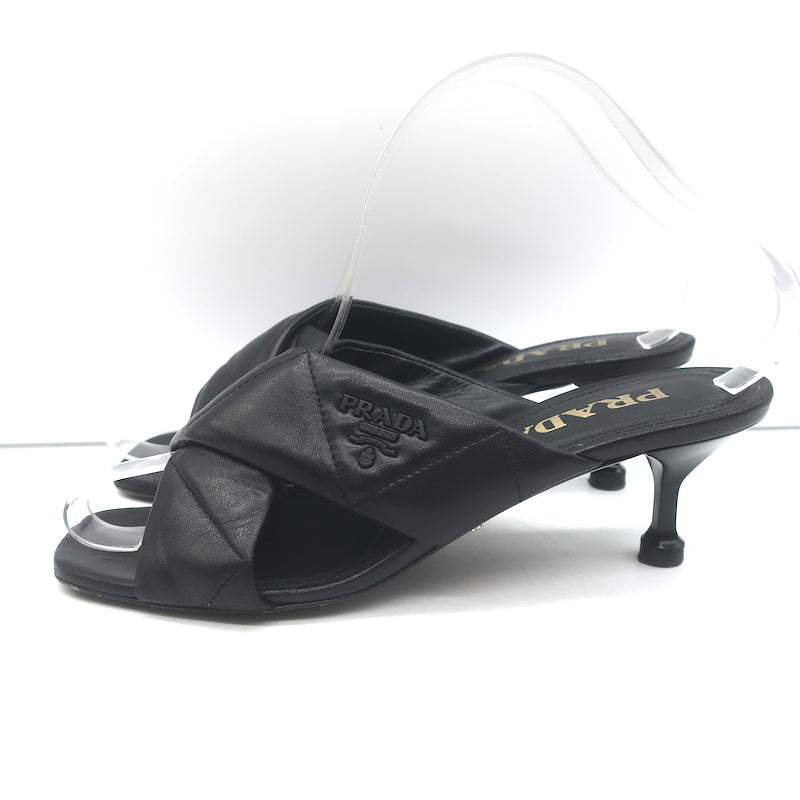 Prada Quilted Leather Mules Black Size 37 Kitten Heel Slide Sandals
