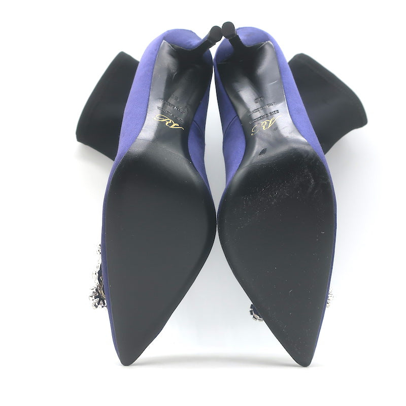 Roger Vivier Crystal Buckle Sock Boots Navy Satin &amp; Black Neoprene Size 39