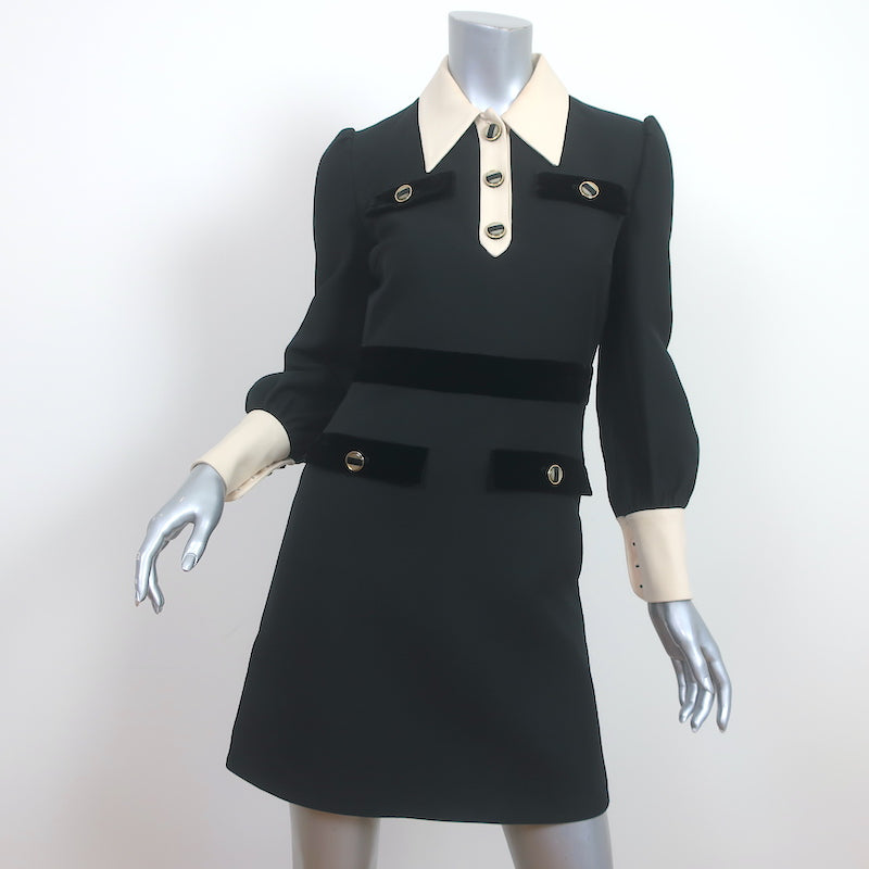 Gucci Long Sleeve Collared Mini Dress Black/Cream Velvet-Trim Cady Siz Celebrity Owned Gucci Long Sleeve Collared Mini Dress Black/Cream Velvet-Trim Cady Siz Celebrity Owned