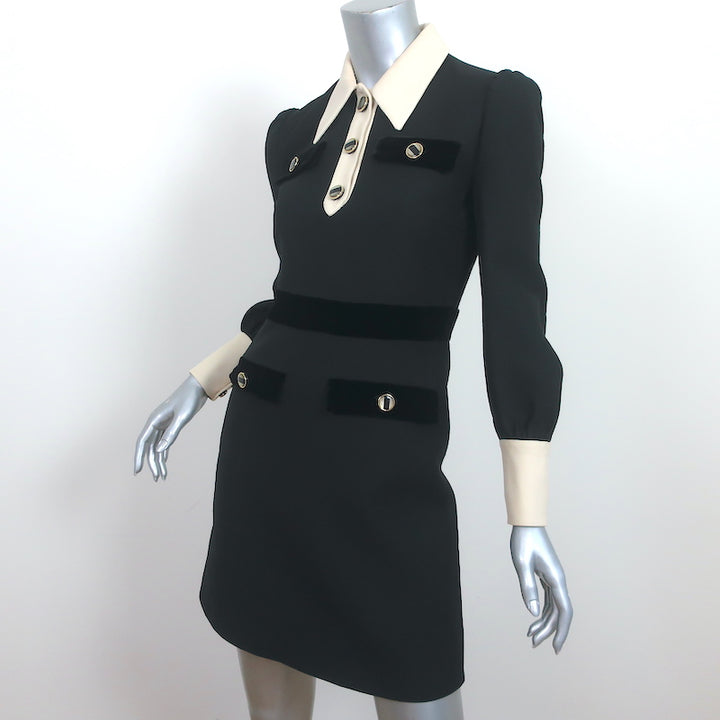 Gucci Long Sleeve Collared Mini Dress Black/Cream Velvet-Trim Cady Size 38