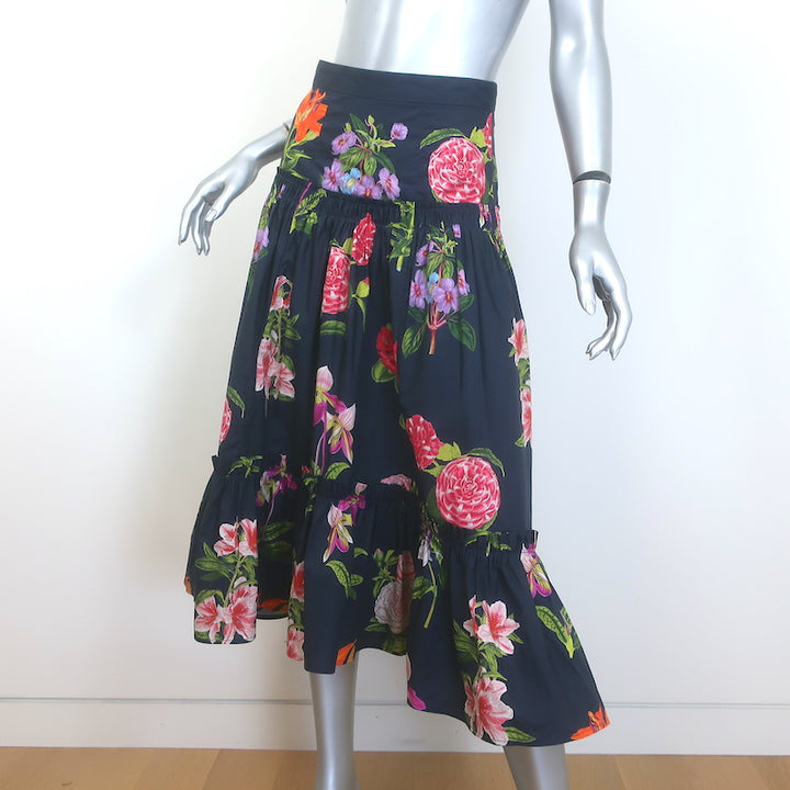 Cara Cara Tisbury Ruffled Midi Skirt Black Camellia Floral Print Size 2 NEW
