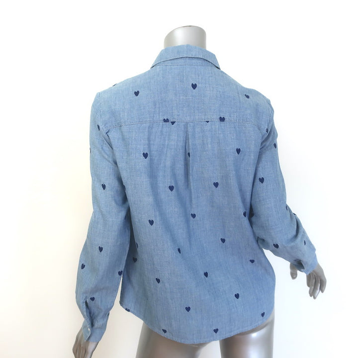 Sezane Heart-Embroidered Chambray Denim Tomboy Shirt Blue Size 34