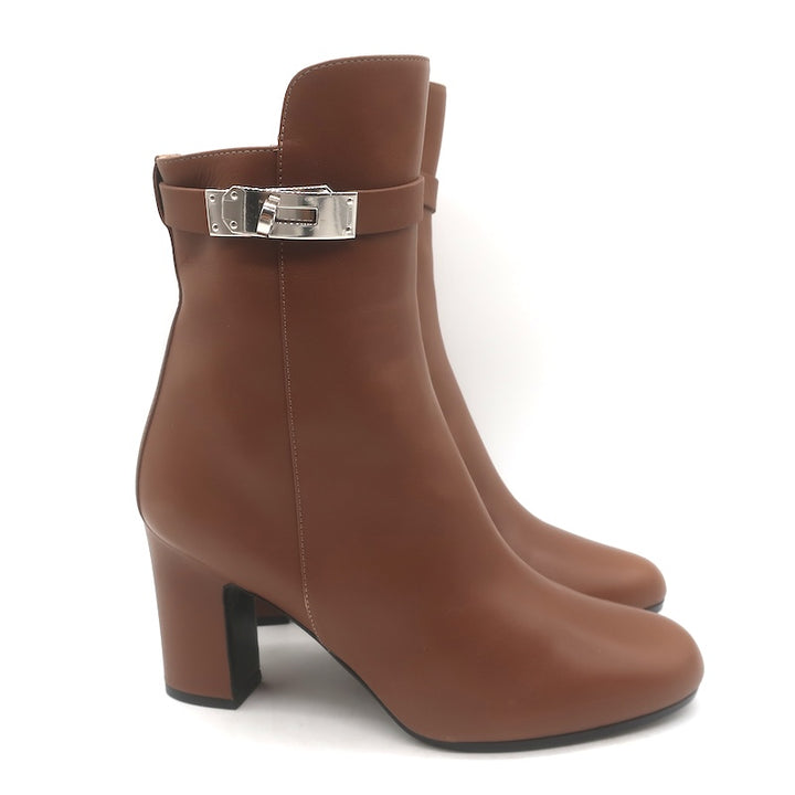Hermes Joueuse Kelly Lock Ankle Boots Brown Leather Size 38
