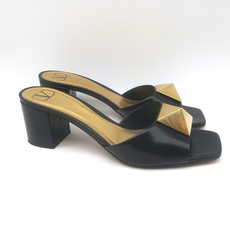 Valentino One Stud Mid-Heel Slide Sandals Black Leather Size 40.5