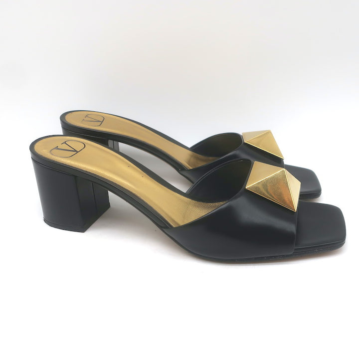 Valentino One Stud Mid-Heel Slide Sandals Black Leather Size 40.5