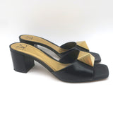 Valentino One Stud Mid-Heel Slide Sandals Black Leather Size 40.5