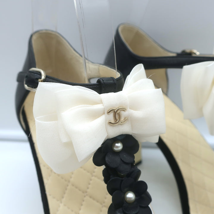 Chanel Camellia Bow T-Strap Sandals Black Leather Size 38.5 Open Toe Heels