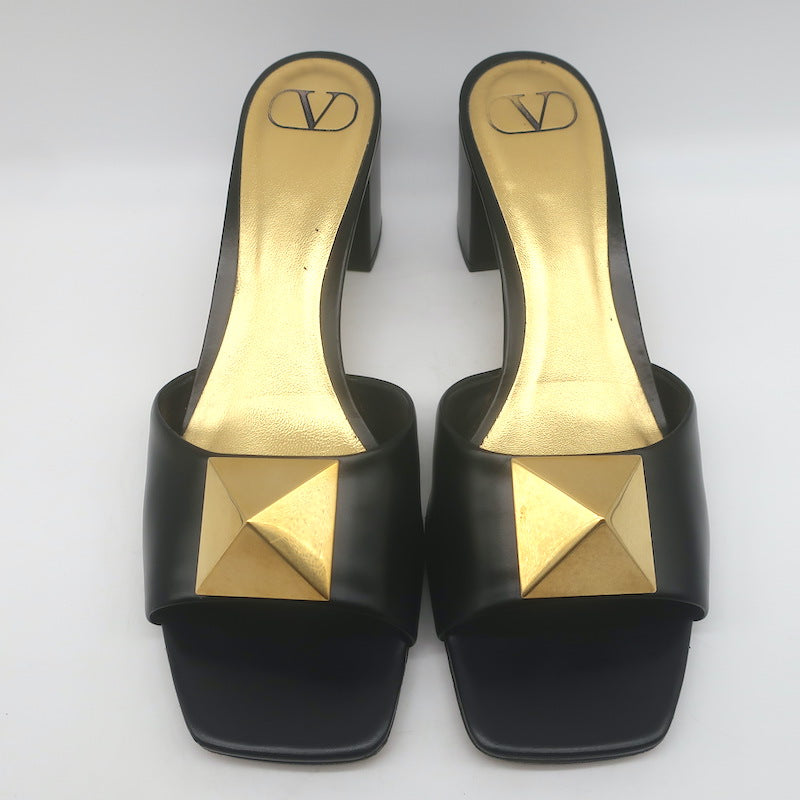 Valentino One Stud Mid-Heel Slide Sandals Black Leather Size 40.5