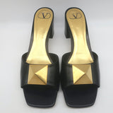 Valentino One Stud Mid-Heel Slide Sandals Black Leather Size 40.5