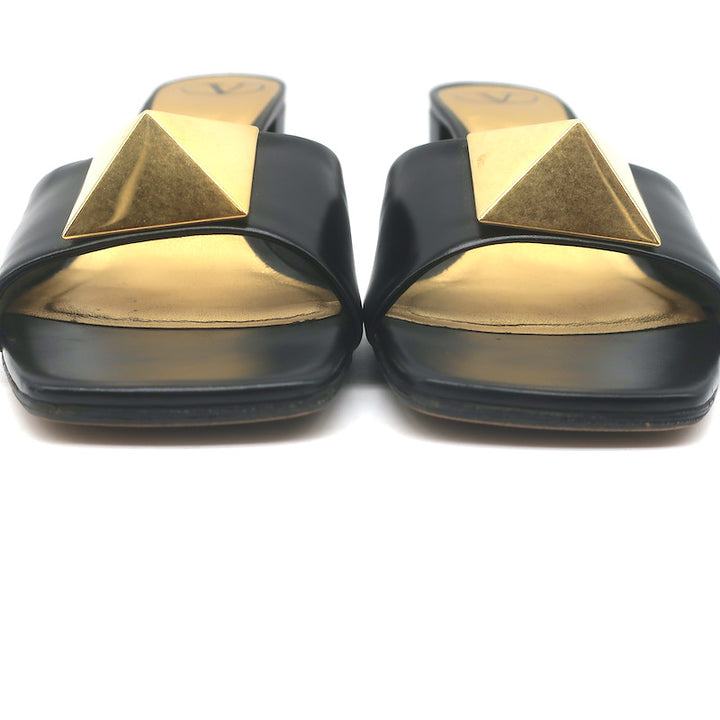 Valentino One Stud Mid-Heel Slide Sandals Black Leather Size 40.5