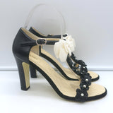 Chanel Camellia Bow T-Strap Sandals Black Leather Size 38.5 Open Toe Heels