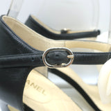 Chanel Camellia Bow T-Strap Sandals Black Leather Size 38.5 Open Toe Heels