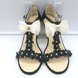 Chanel Camellia Bow T-Strap Sandals Black Leather Size 38.5 Open Toe Heels