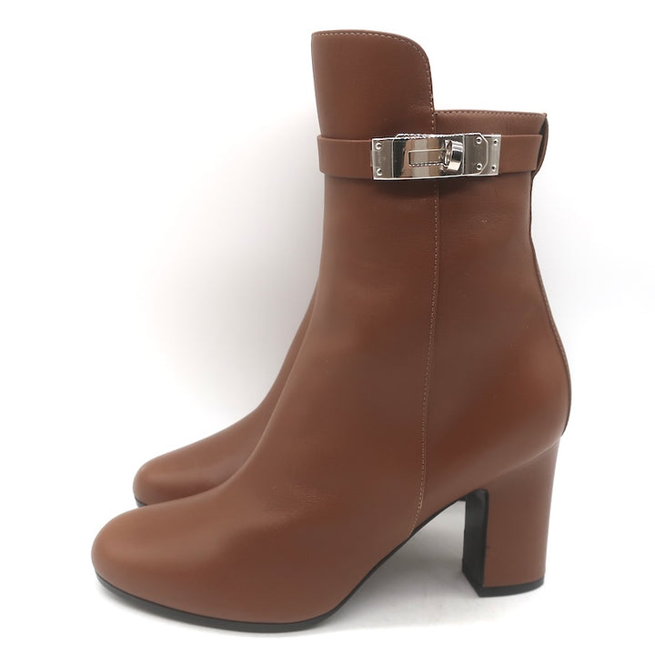 Hermes Joueuse Kelly Lock Ankle Boots Brown Leather Size 38