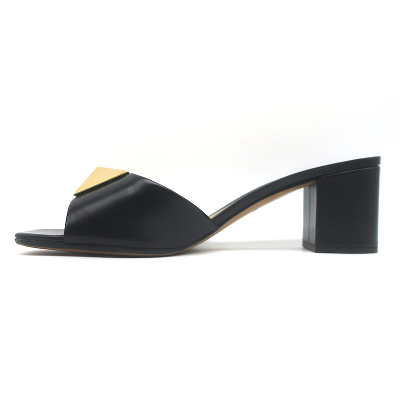 Valentino One Stud Mid-Heel Slide Sandals Black Leather Size 40.5
