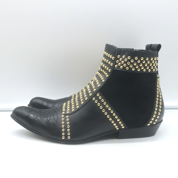 ANINE BING Charlie Gold-Studded Ankle Boots Black Leather &amp; Suede Size 37