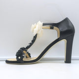 Chanel Camellia Bow T-Strap Sandals Black Leather Size 38.5 Open Toe Heels