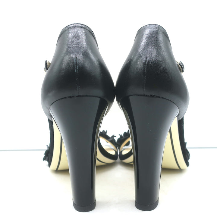 Chanel Camellia Bow T-Strap Sandals Black Leather Size 38.5 Open Toe Heels