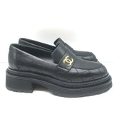 Chanel 23A CC Platform Loafers Black Quilted Leather Size 37.5 C
