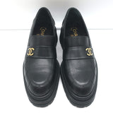 Chanel 23A CC Platform Loafers Black Quilted Leather Size 37.5 C