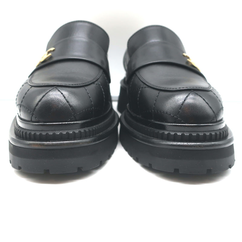 Chanel 23A CC Platform Loafers Black Quilted Leather Size 37.5 C