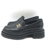 Chanel 23A CC Platform Loafers Black Quilted Leather Size 37.5 C
