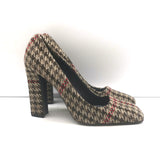 Authentic Prada brown houndstooth tweed square-toe pumps, pre-owned and gently worn.