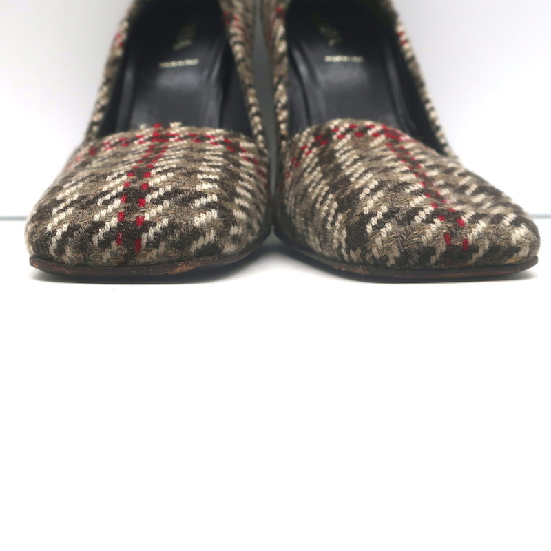 Authentic Prada houndstooth tweed square-toe pumps in brown, pre-owned gently worn luxury heels