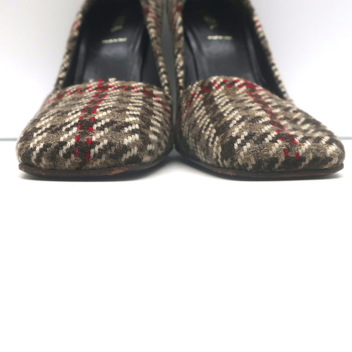 Authentic Prada houndstooth tweed square-toe pumps in brown, pre-owned gently worn luxury heels