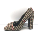 Prada brown houndstooth tweed square-toe pumps, authentic pre-owned, gently worn luxury heels