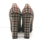 Authentic Prada houndstooth tweed square-toe pumps in brown, pre-owned, gently worn luxury heels, EU 38.5