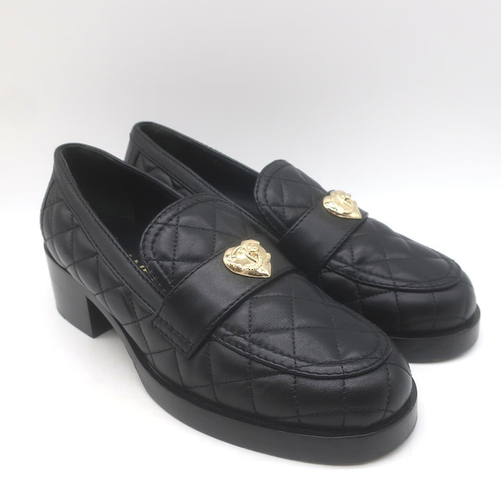 Chanel Quilted CC Heart Loafers Black Lambskin Leather Size 38.5