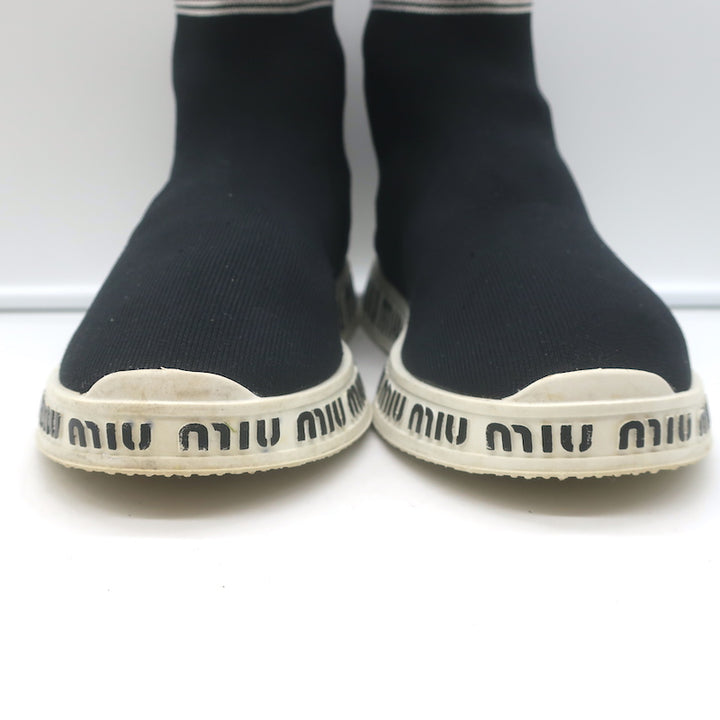 Miu Miu Logo Sock Sneakers Black Stretch Knit Size 38