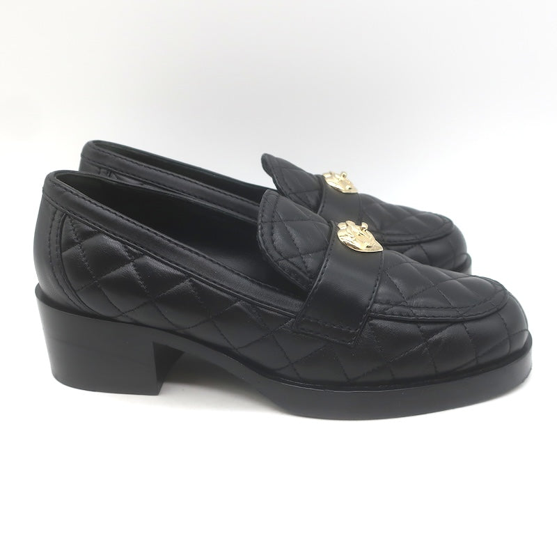 Chanel Quilted CC Heart Loafers Black Lambskin Leather Size 38.5