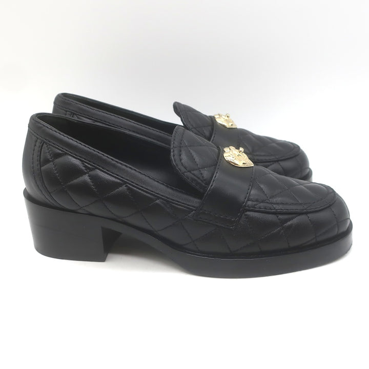 Chanel Quilted CC Heart Loafers Black Lambskin Leather Size 38.5